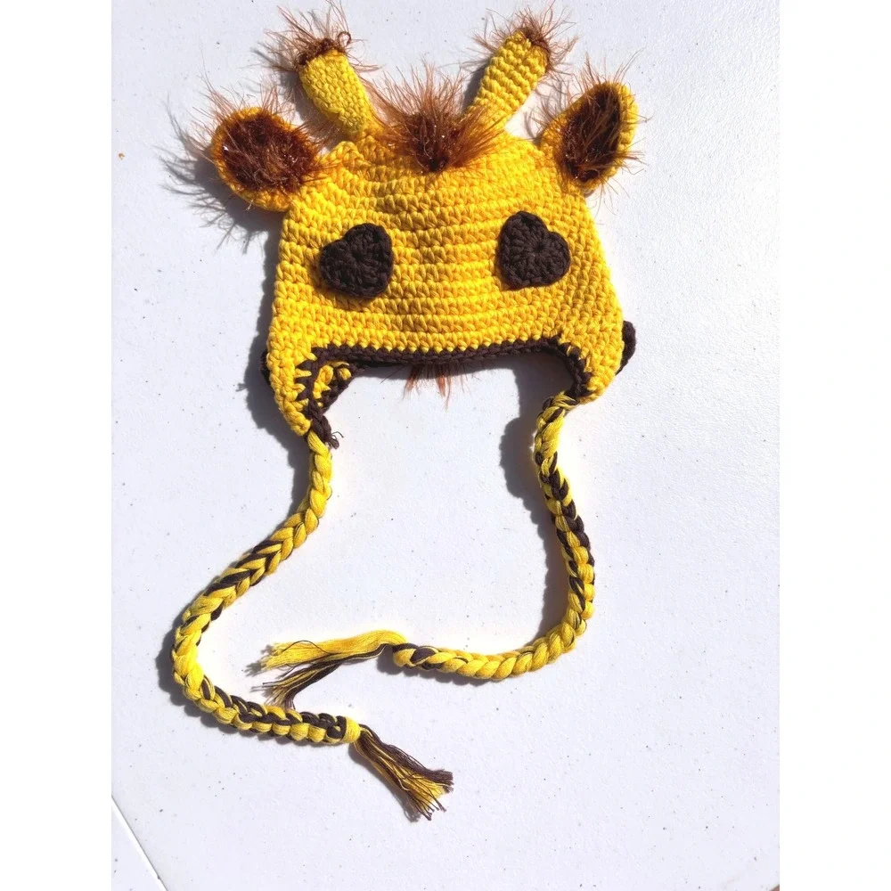 Newborn Giraffe Crochet Beanie Kids One Size Yellow Good Braided Earflap Hat
